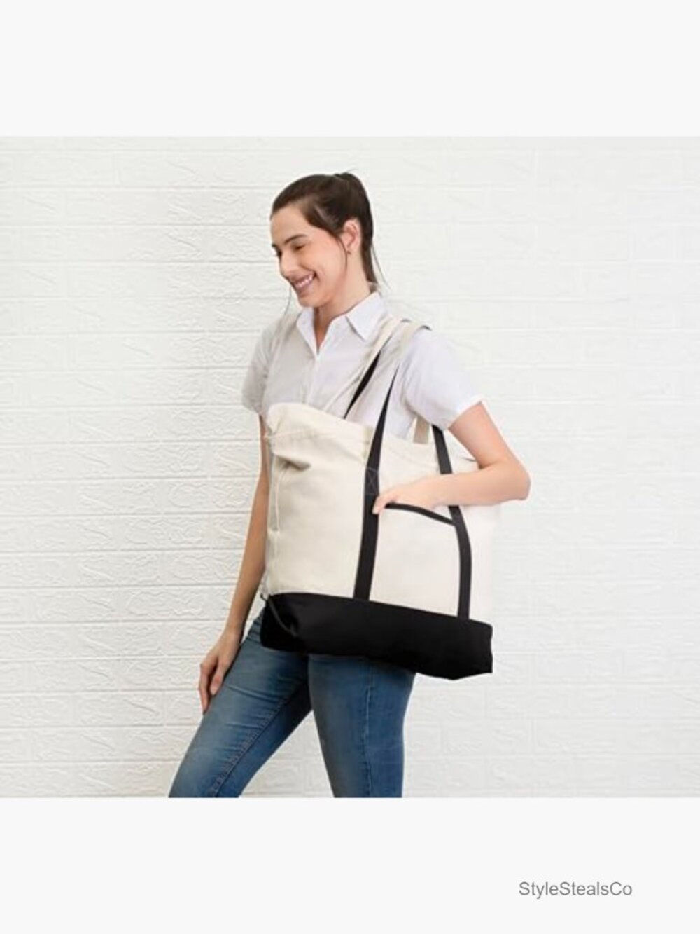 Canvas Tote Bag with Zipper & External Pocket Large Reusable Shopping - Picture 3 of 7
